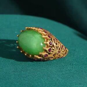Imperial Jade Emerald Dynasty Antique Brass Masterpiece Ring